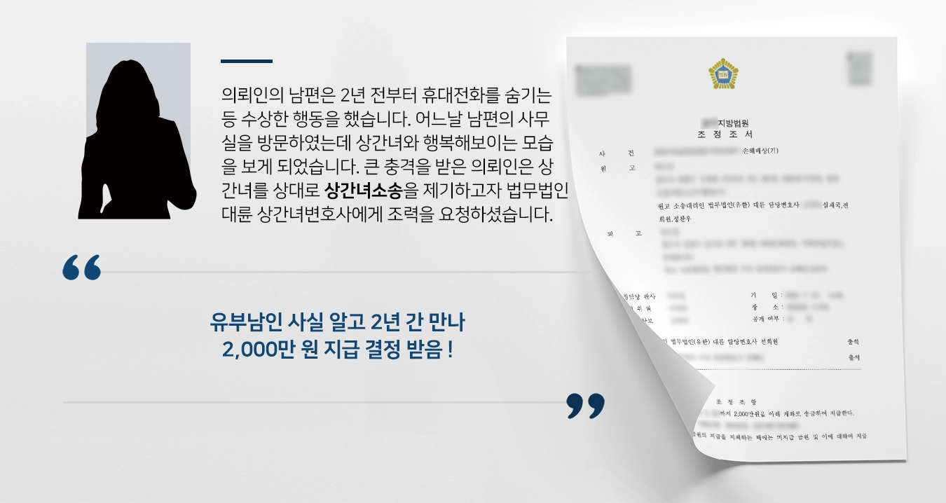 의뢰인의 남편은 2년 전부터 휴대전화를 숨기는 등 수상한 행동을 했습니다. 어느날 남편의 사무실을 방문하였는데 상간녀와 행복해보이는 모습을 보게 되었습니다. 큰 충격을 받은 의뢰인은 상간녀를 상대로 상간녀소송을 제기하고자 법무법인 대륜 상간녀변호사에게 조력을 요청하셨습니다.