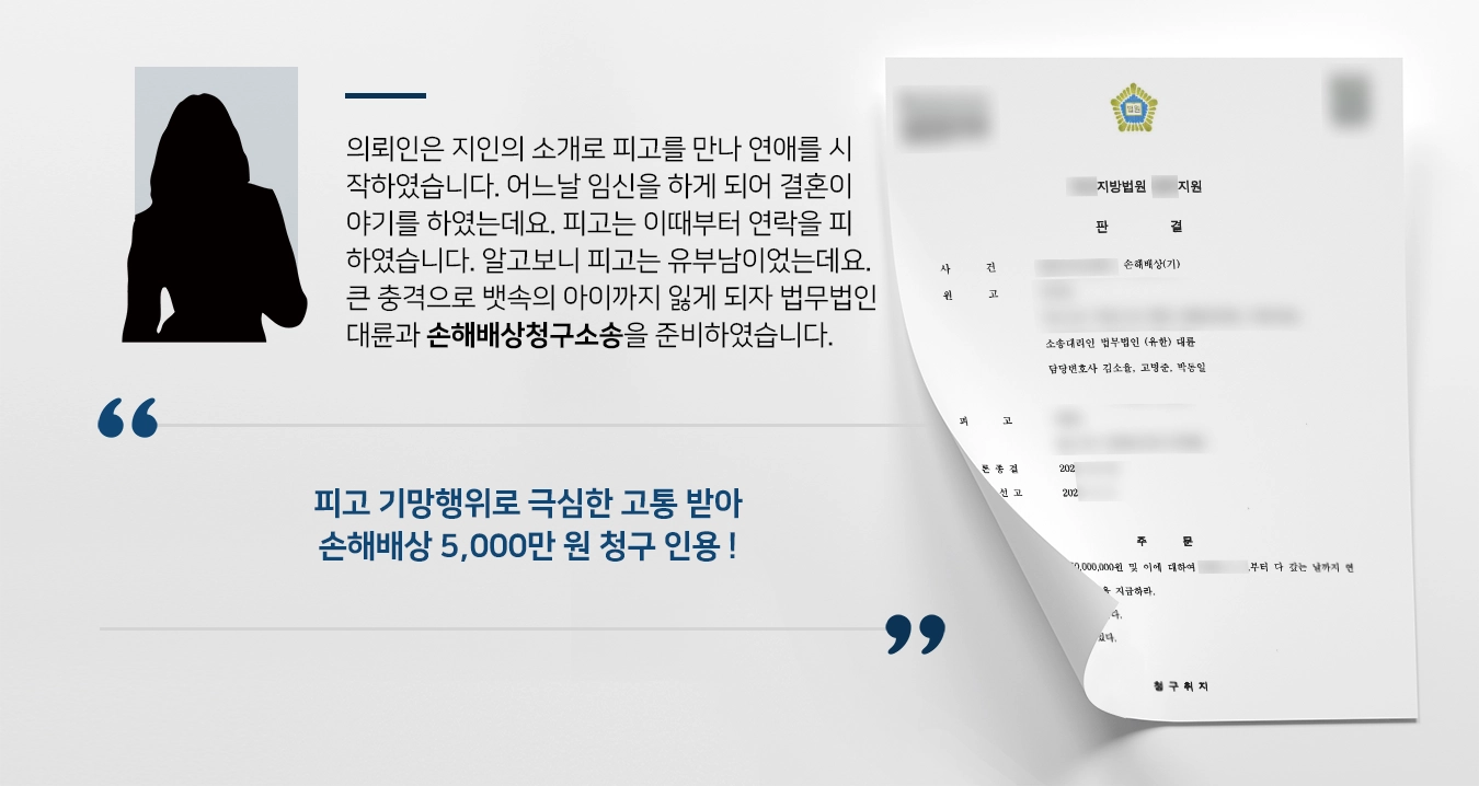 의뢰인은 지인의 소개로 피고를 만나 연애를 시작하였습니다. 어느날 임신을 하게 되어 결혼이야기를 하였는데요. 피고는 이때부터 연락을 피하였습니다. 알고보니 피고는 유부남이었는데요. 큰 충격으로 뱃속의 아이까지 잃게 되자 법무법인 대륜 민사변호사와 손해배상청구소송을 준비하였습니다.
