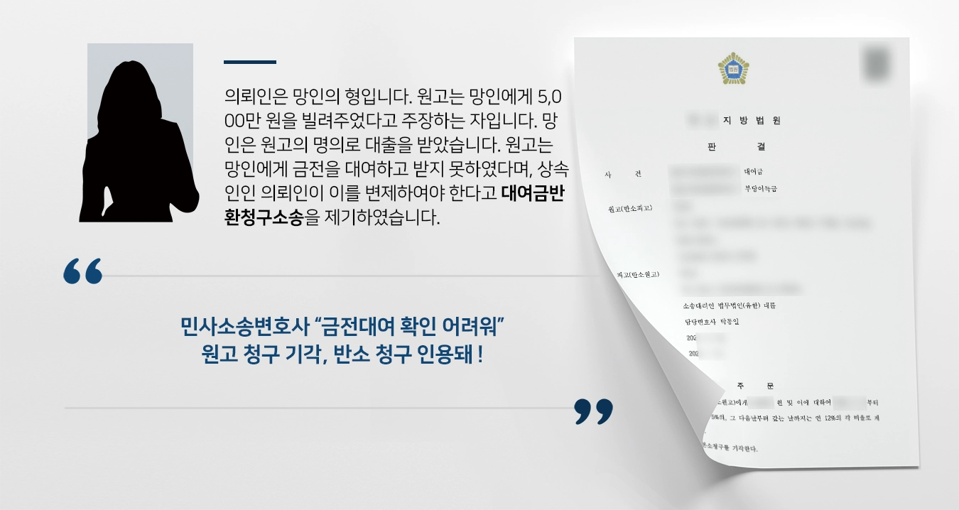 의뢰인은 망인의 형입니다. 원고는 망인에게 5,000만 원을 빌려주었다고 주장하는 자입니다. 망인은 원고의 명의로 대출을 받았습니다. 원고는 망인에게 금전을 대여하고 받지 못하였다며, 상속인인 의뢰인이 이를 변제하여야 한다고 대여금반환청구소송을 제기하였습니다. 