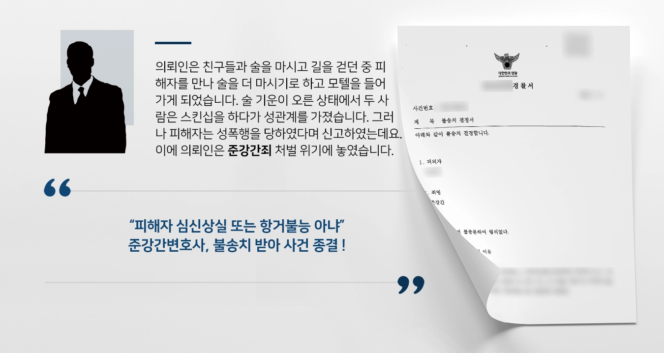 의뢰인은 친구들과 술을 마시고 길을 걷던 중 피해자를 만나 술을 더 마시기로 하고 모텔을 들어가게 되었습니다. 술 기운이 오른 상태에서 두 사람은 스킨십을 하다가 성관계를 가졌습니다. 그러나 피해자는 성폭행을 당하였다며 신고하였는데요. 준강간죄 처벌 위기에 놓인 의뢰인은 법무법인 대륜을 찾아주셨습니다.