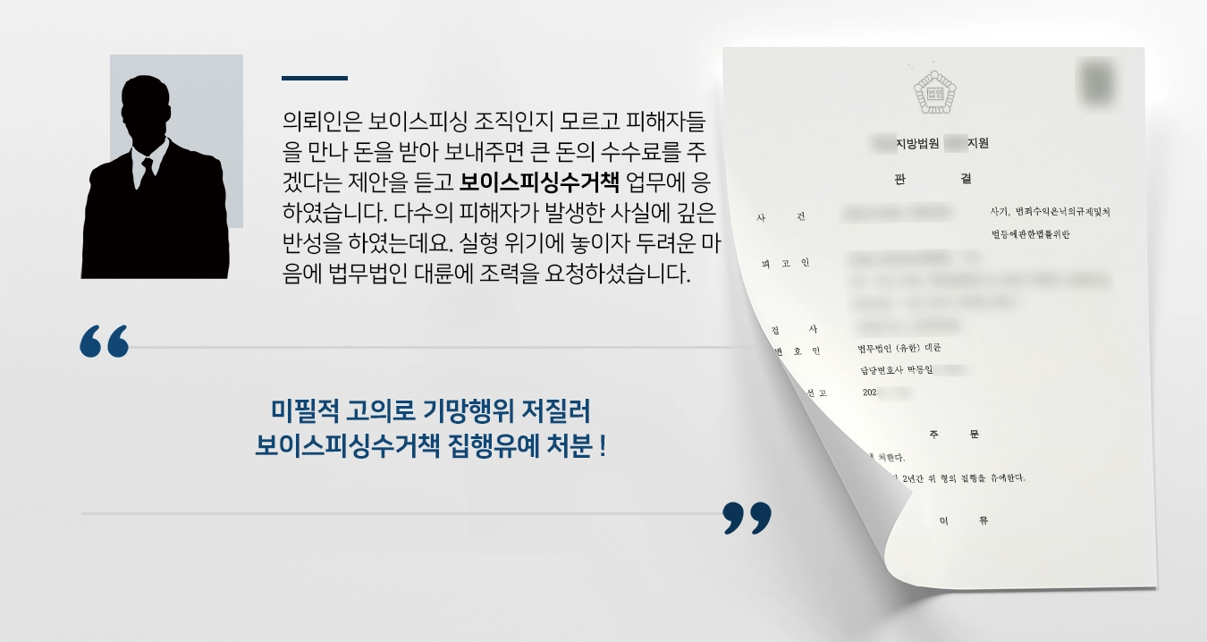 의뢰인은 보이스피싱 조직인지 모르고 피해자들을 만나 돈을 받아 보내주면 큰 돈의 수수료를 주겠다는 제안을 듣고 보이스피싱수거책 업무에 응하였습니다. 다수의 피해자가 발생한 사실에 깊은 반성을 하였는데요. 실형 위기에 놓이자 두려운 마음에 법무법인 대륜 보이스피싱전문변호사에게 조력을 요청하셨습니다. 