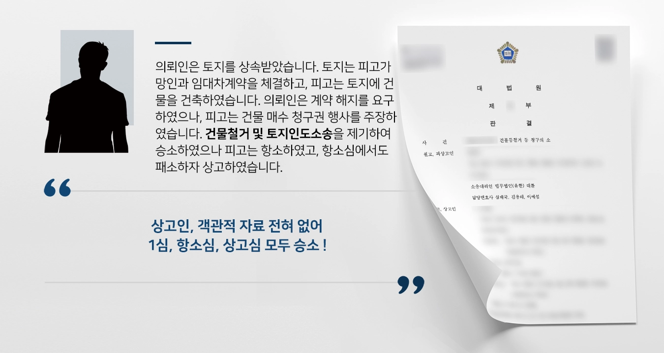 의뢰인은 토지를 상속받았습니다. 토지는 피고가 망인과 임대차계약을 체결하고, 피고는 토지에 건물을 건축하였습니다. 의뢰인은 계약 해지를 요구하였으나, 피고는 건물 매수 청구권 행사를 주장하였습니다. 건물철거 및 토지인도소송을 제기하여 승소하였으나 피고는 항소하였고, 항소심에서도 패소하자 상고하였습니다.