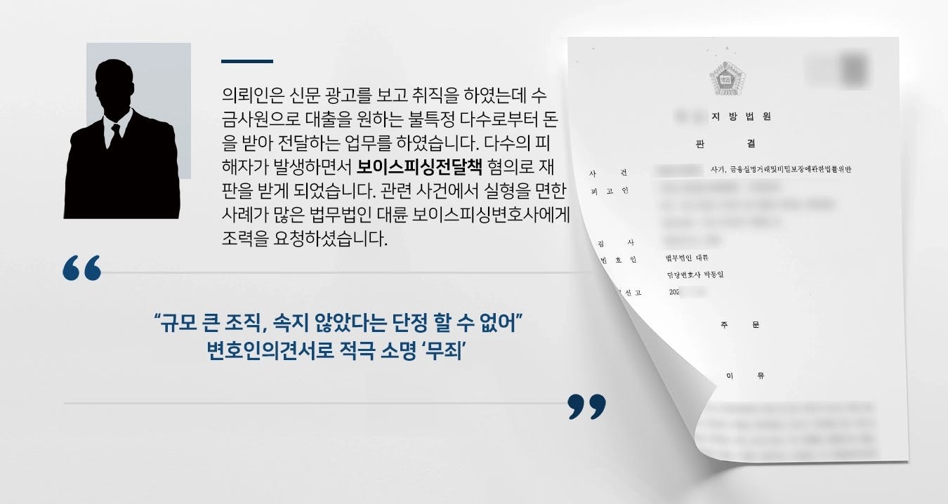 의뢰인은 신문 광고를 보고 취직을 하였는데 수금사원으로 대출을 원하는 불특정 다수로부터 돈을 받아 전달하는 업무를 하였습니다. 다수의 피해자가 발생하면서 보이스피싱전달책 혐의로 재판을 받게 되었습니다. 관련 사건에서 실형을 면한 사례가 많은 법무법인 대륜 보이스피싱변호사에게 조력을 요청하셨습니다. 