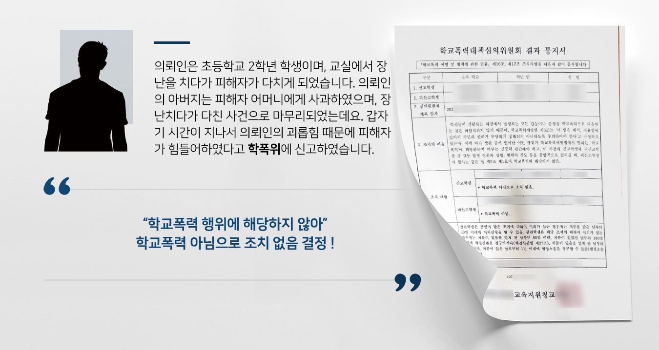 의뢰인은 초등학교 2학년 학생이며, 교실에서 장난을 치다가 피해자가 다치게 되었습니다. 의뢰인의 아버지는 피해자 어머니에게 사과하였으며, 장난치다가 다친 사건으로 마무리되었는데요. 갑자기 시간이 지나서 의뢰인의 괴롭힘 때문에 피해자가 힘들어하였다고 학교폭력대책심의위원회에 신고하였습니다. 