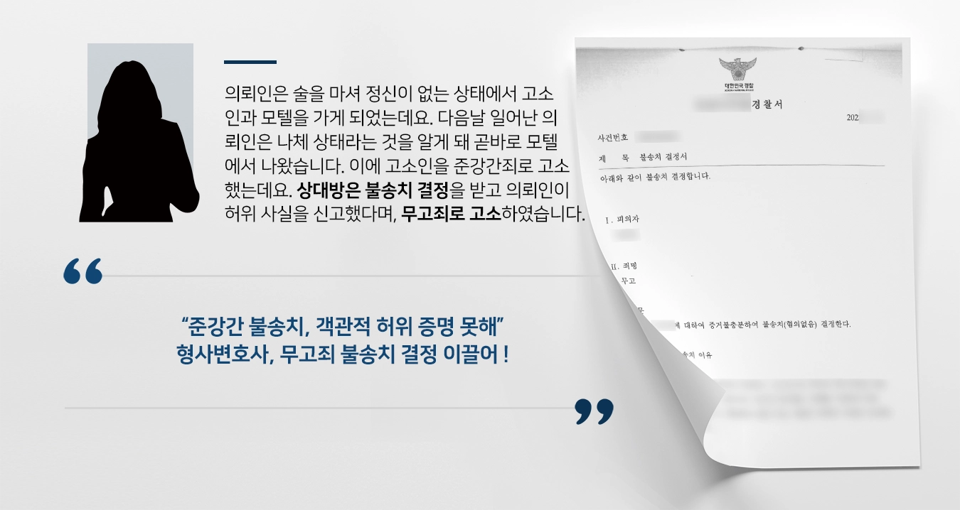 의뢰인은 술을 마셔 정신이 없는 상태에서 고소인과 모텔을 가게 되었는데요. 다음날 일어난 의뢰인은 나체 상태라는 것을 알게 되어 곧바로 모텔에서 나왔습니다. 이에 고소인을 준강간죄로 고소하였는데요. 상대방은 불송치 결정을 받고 의뢰인이 허위 사실을 신고하였다며, 무고죄로 고소하였습니다. 