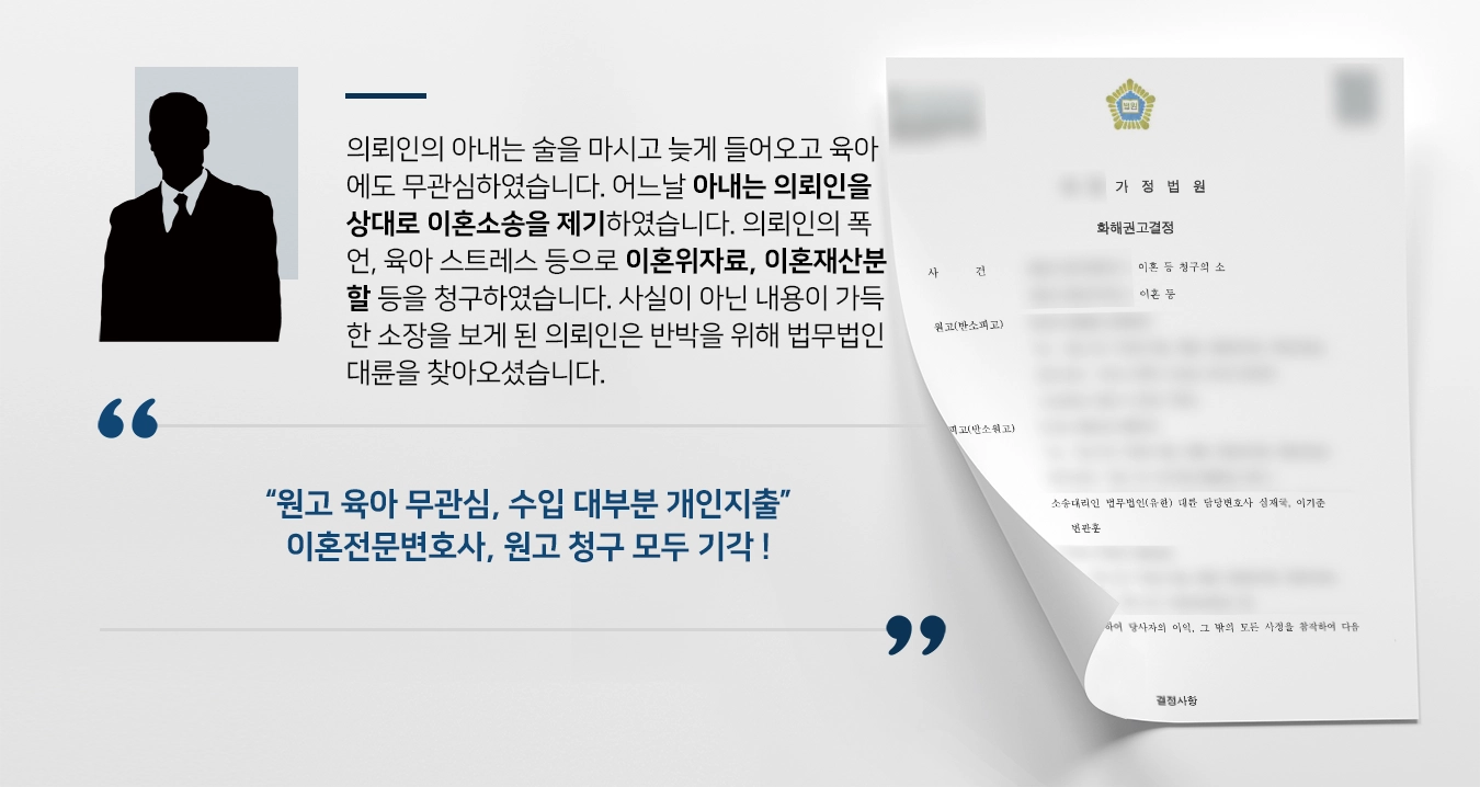 의뢰인의 아내는 술을 마시고 늦게 들어오고 육아에도 무관심하였습니다. 어느날 아내는 의뢰인을 상대로 이혼소송을 제기하였습니다. 의뢰인의 폭언, 육아 스트레스 등으로 이혼위자료, 이혼재산분할 등을 청구하였습니다. 사실이 아닌 내용이 가득한 소장을 보게 된 의뢰인은 반박을 위해 법무법인 대륜을 찾아오셨습니다.