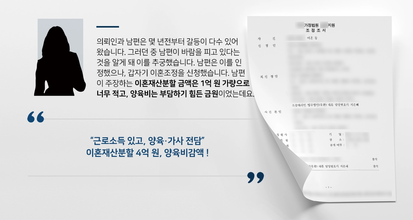 의뢰인과 남편은 몇 년전부터 갈등이 다수 있어 왔습니다. 그러던 중 남편이 바람을 피고 있다는 것을 알게 되어 이를 추궁하였습니다. 남편은 이를 인정하였으나, 갑자기 이혼조정을 신청하였습니다. 남편이 주장하는 이혼재산분할 금액은 1억 원 가량으로 너무 적고, 양육비는 의뢰인이 부담하기 힘든 금원이었는데요. 