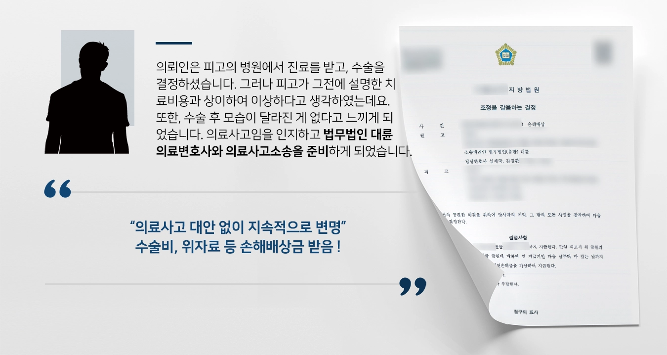 의뢰인은 피고가 운영하는 병원에서 진료를 받고, 수술을 결정하셨습니다. 그러나 피고가 그전에 설명한 치료비용과 상이하여 이상하다고 생각하였는데요. 또한, 수술 후 모습이 달라진 게 없다고 느끼게 되었습니다. 의료사고임을 인지하고 법무법인 대륜 의료변호사와 의료사고소송을 준비하게 되었습니다.