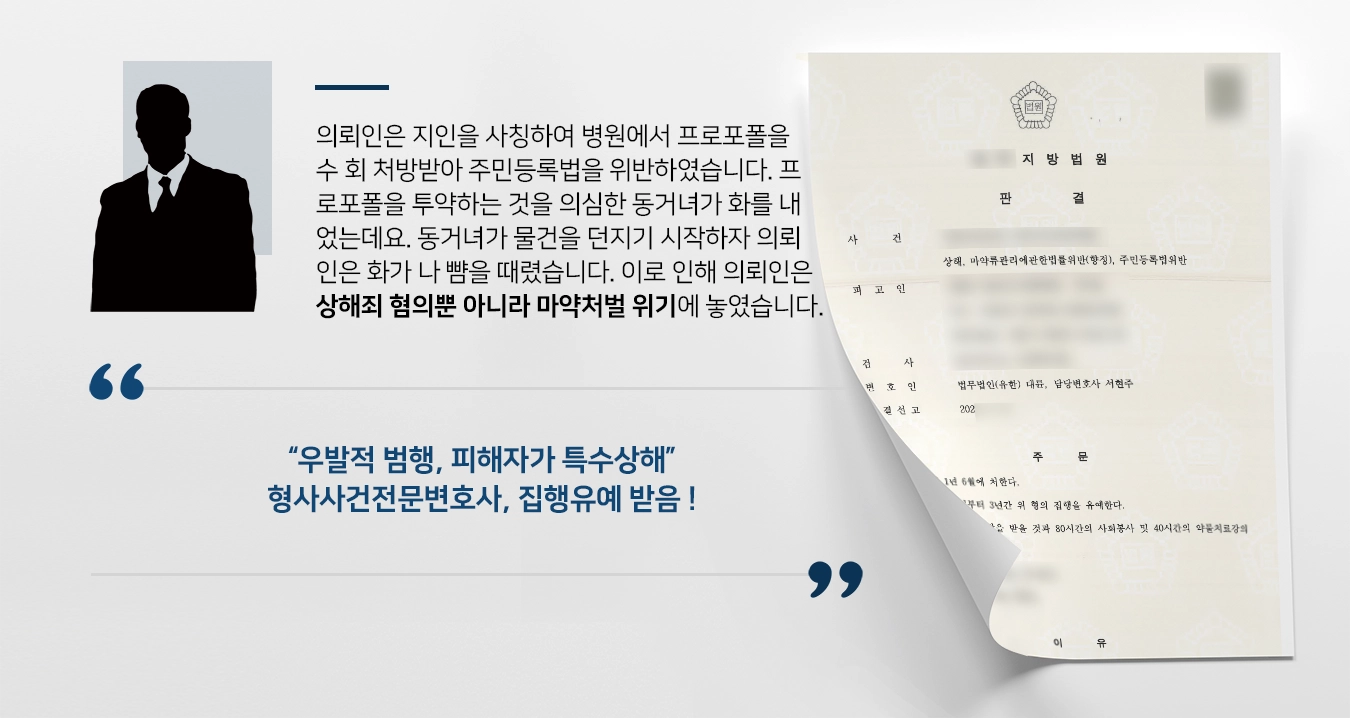 의뢰인은 지인을 사칭하여 병원에서 프로포폴을 수 회 처방받아 주민등록법을 위반하였습니다. 프로포폴을 투약하는 것을 의심한 동거녀가 화를 내었는데요. 동거녀가 물건을 던지기 시작하자 의뢰인은 화가 나 뺨을 때렸습니다. 이로 인해 의뢰인은 상해죄 혐의뿐만 아니라 마약처벌 위기에 놓였습니다.  “우발적 범행, 피해자가 특수상해” 형사사건전문변호사, 집행유예 받음 !