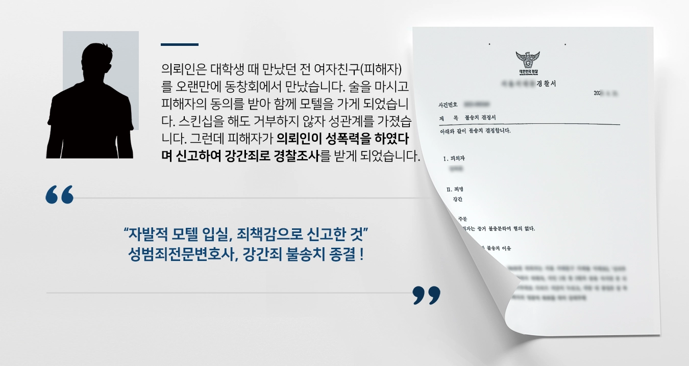 의뢰인은 대학생 때 만났던 전 여자친구(피해자)를 오랜만에 동창회에서 만났습니다. 술을 마시고 피해자의 동의를 받아 함께 모텔을 가게 되었습니다. 스킨십을 해도 거부하지 않자 성관계를 가졌습니다. 그런데 피해자가 의뢰인이 성폭력을 하였다며 신고하여 갑자기 강간죄로 경찰조사를 받게 되었습니다.   “자발적 모텔 입실, 죄책감으로 신고한 것” 성범죄전문변호사, 강간죄 불송치 종결 !