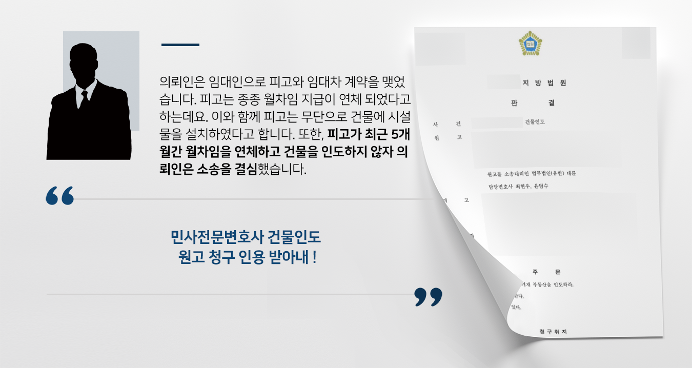 [건물불법점유 부동산소송] 월차임 5개월 연체한 피고, 민사전문변호사 청구 인용 받아내