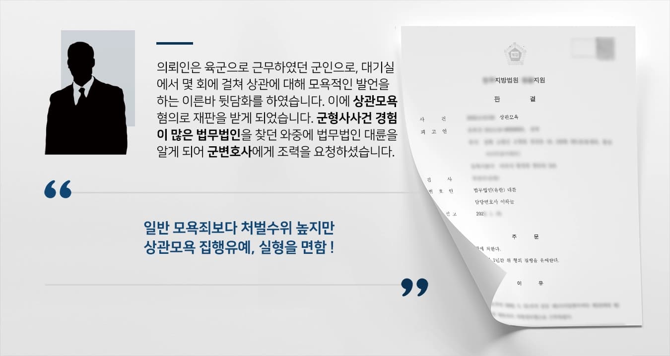 의뢰인은 육군으로 근무하였던 군인으로, 대기실에서 몇 회에 걸쳐 상관에 대해 모욕적인 발언을 하는 이른바 뒷담화를 하였습니다. 이에 상관모욕 혐의로 재판을 받게 되었습니다. 군형사사건 경험이 많은 법무법인을 찾던 와중에 법무법인 대륜을 알게 되어 군변호사에게 조력을 요청하셨습니다.  일반 모욕죄보다 처벌수위 높지만 상관모욕 집행유예, 실형을 면함 !