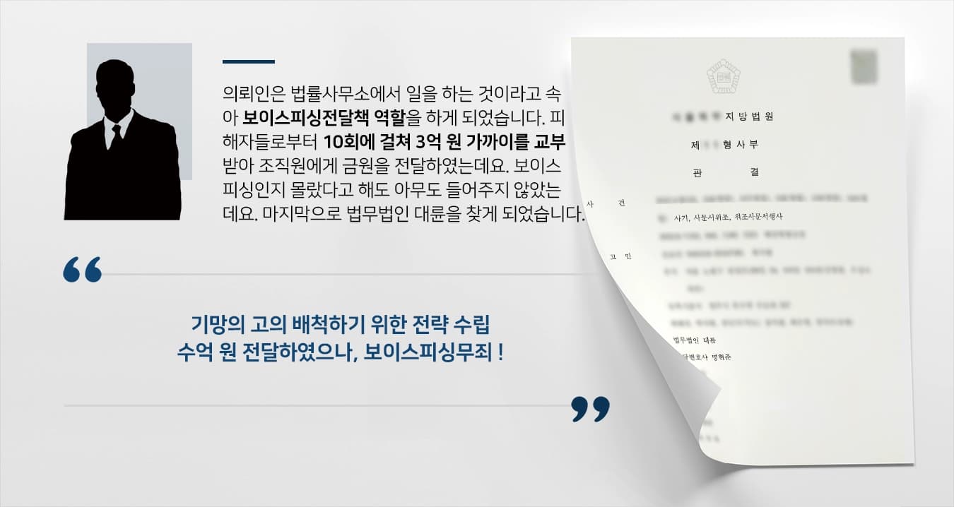 [보이스피싱무죄] 수억 원 피해금 발생 보이스피싱전달책, 기망의 고의 배척 위한 전략 수립 성공