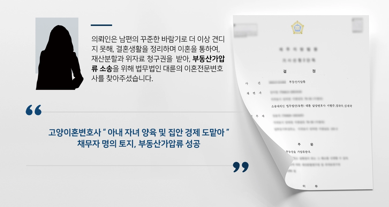 [고양이혼변호사 사례] 이혼한 남편으로부터 재산분할, 위자료 청구를 위한 부동산가압류 성공