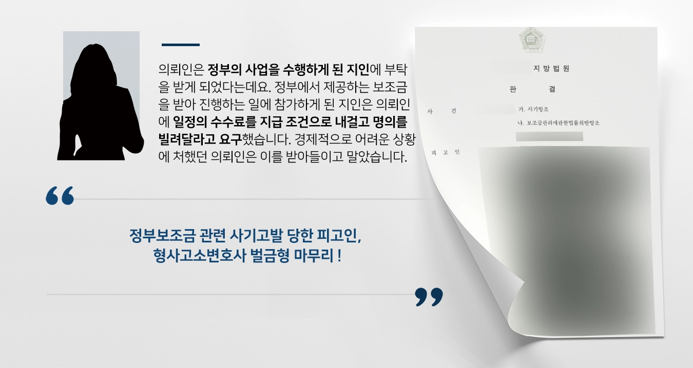 [사기고발 당한 피고인 방어] 형사고소변호사 조력으로 정부사업비 편취 범죄 방조한 혐의 벌금형