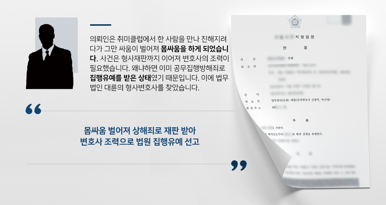 [상해고소장 받은 의뢰인] 형사변호사 도움으로 법원 집행유예 처벌에 그쳐