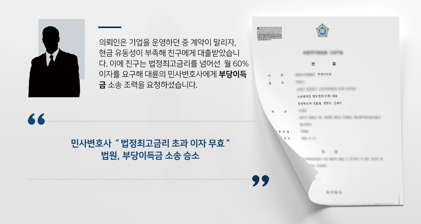 [부당이득금 청구 성공] 법정최고금리 넘어선 이자요구에 민사변호사 부당이득금 소송