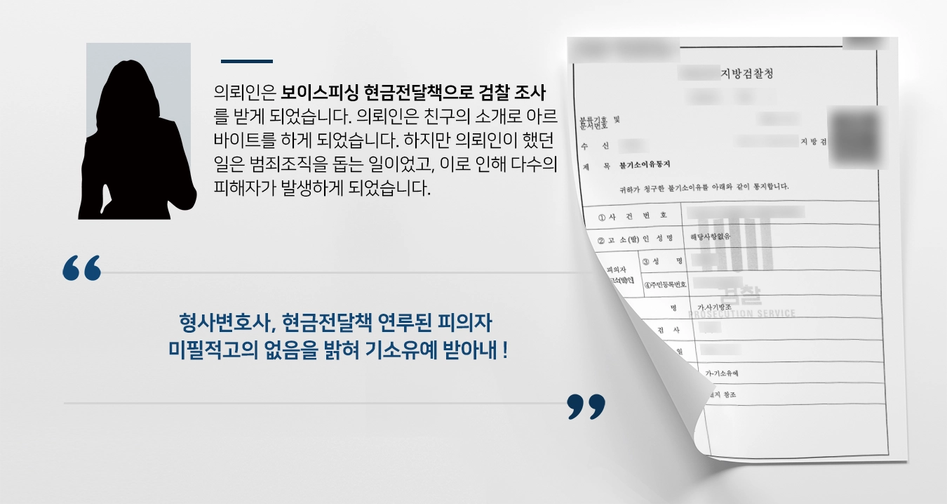 [보이스피싱 기소유예] 형사변호사, 현금전달책 연루된 피의자 조력해 기소유예 처분 받아내