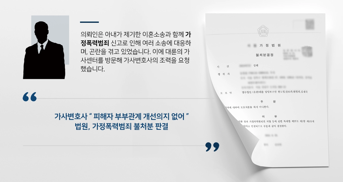 [가정폭력범죄 사례] 이혼소송 중 가정폭력 보호 처분 위기, 가사변호사 불처분 받아냄 