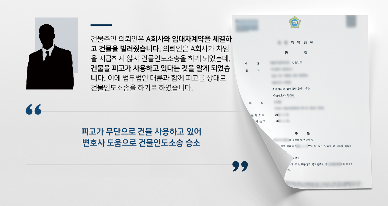 [건물인도소송 승소] 부동산변호사 조력으로 불법 점유한 피고에 건물인도 성공