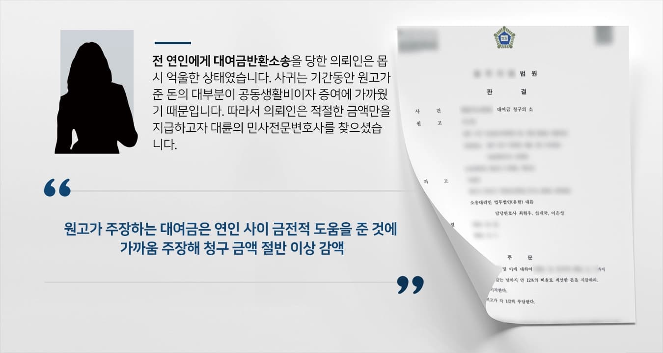 [대여금반환소송 피고 변호]민사전문변호사와 함께 대여금 청구 금액 60% 감액한 의뢰인