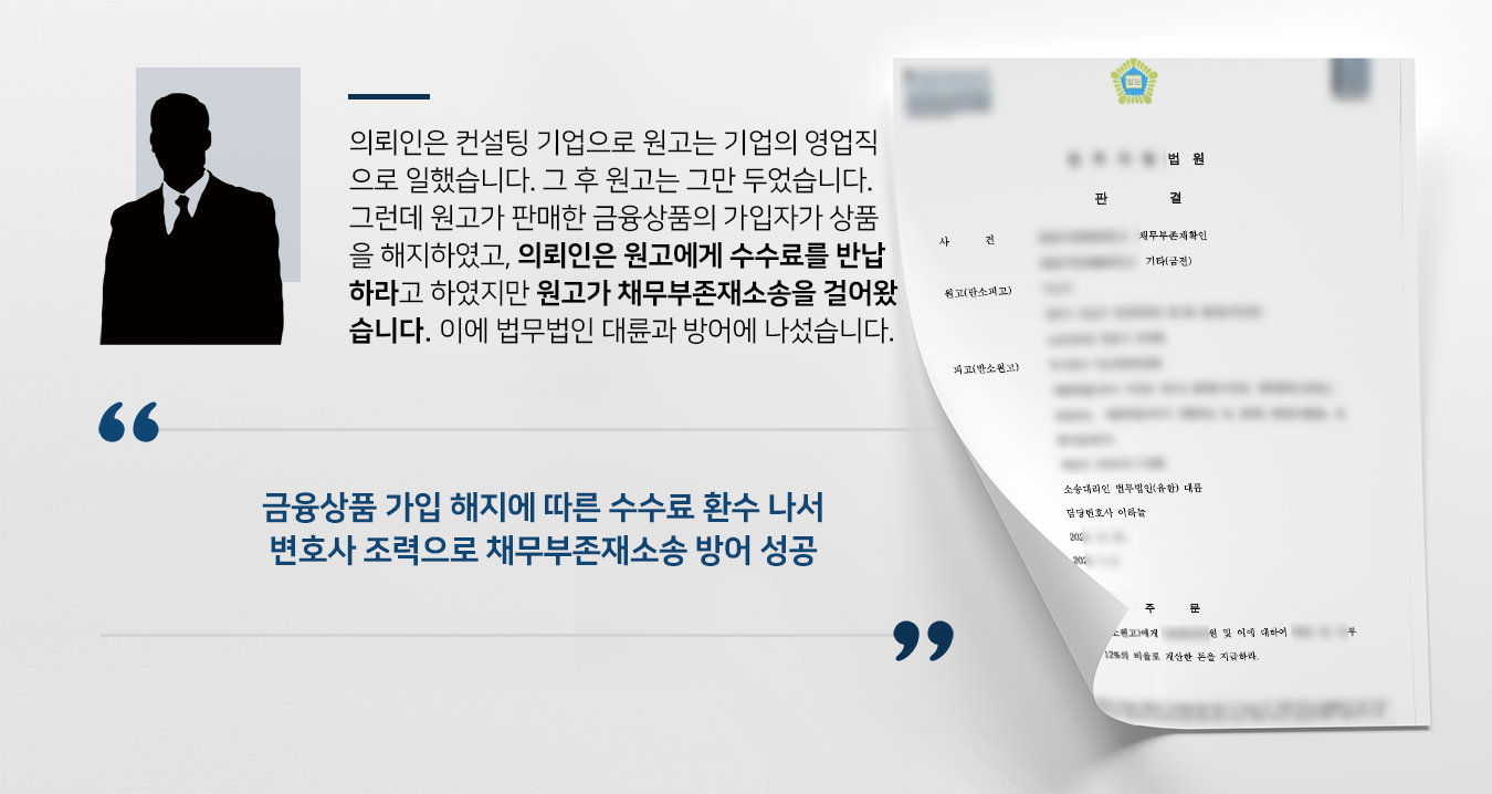 [채무부존재소송 방어사례] 기업변호사 조력으로 원고에 금전소송 승소하여 수수료 돌려받음