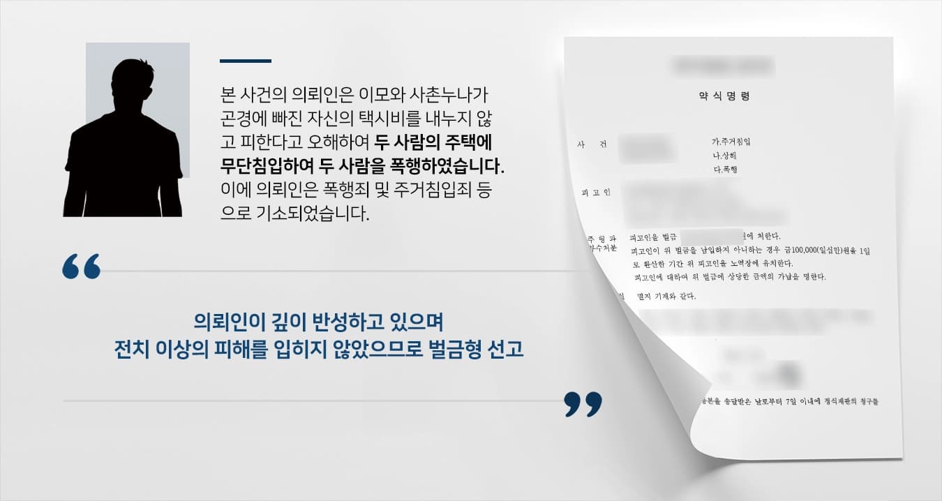 [폭행형사처벌 방어사례] 여수형사변호사 조력으로 폭행 및 주거침입 피고인 벌금형 