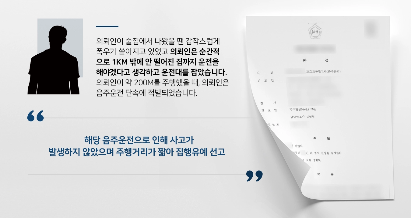 [음주감형 성공사례] 형사전문변호사 조력으로 음주재범에도 집행유예 받아냄 