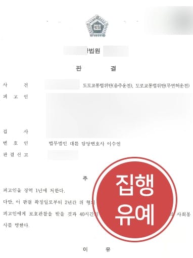 [음주운전처벌 방어사례] 무면허음주운전 의뢰인, 실형 피하고 집행유예 판결 받다